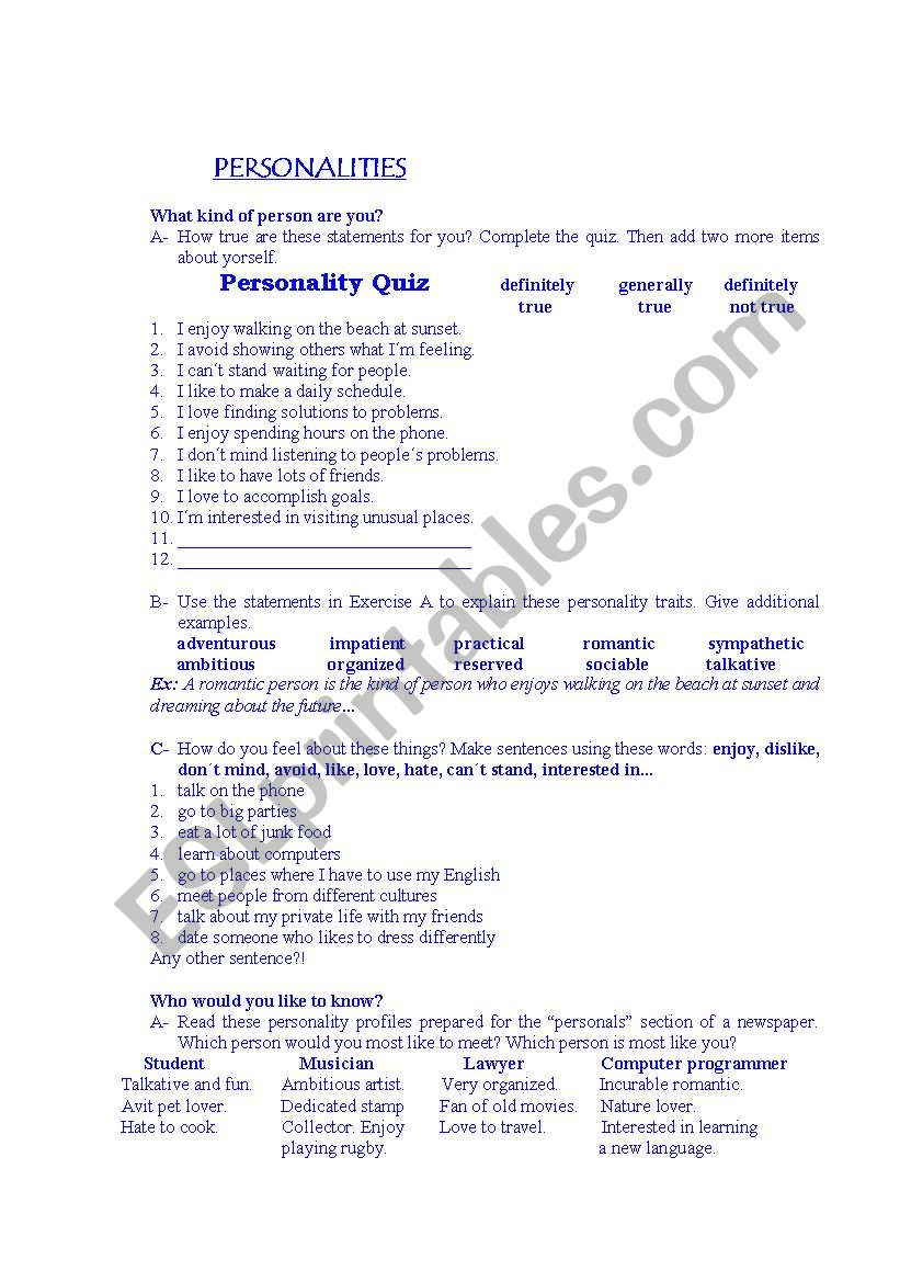 Personalities worksheet