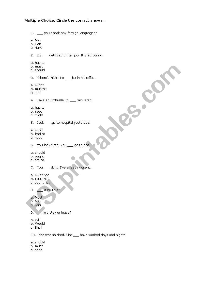 Modal Verbs worksheet