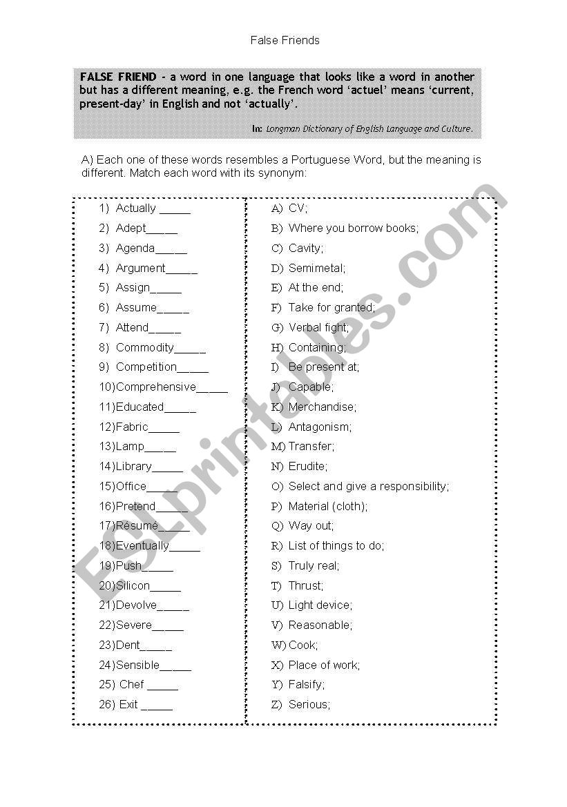 false friends worksheet