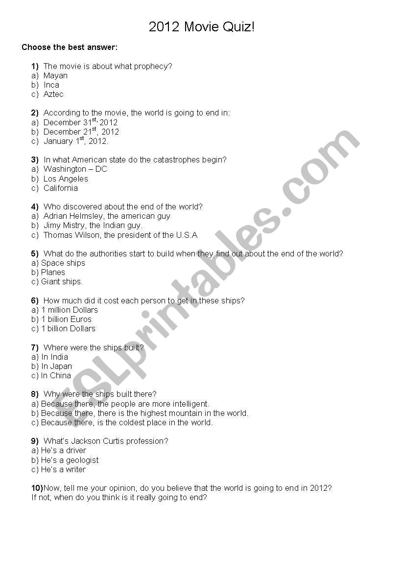 2012 MOVIE QUIZ worksheet