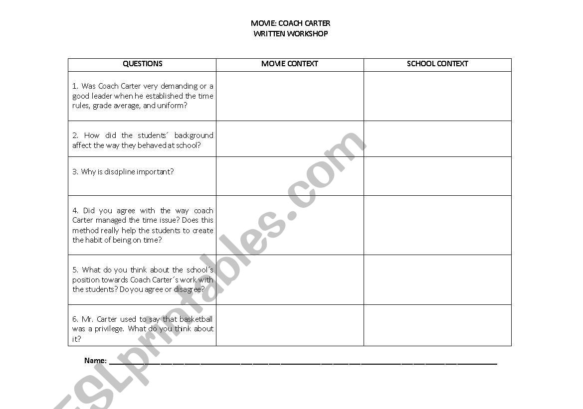 COACH CARTER worksheet