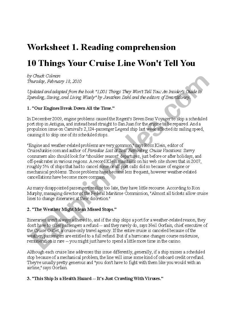 Bad things about cruises worksheet