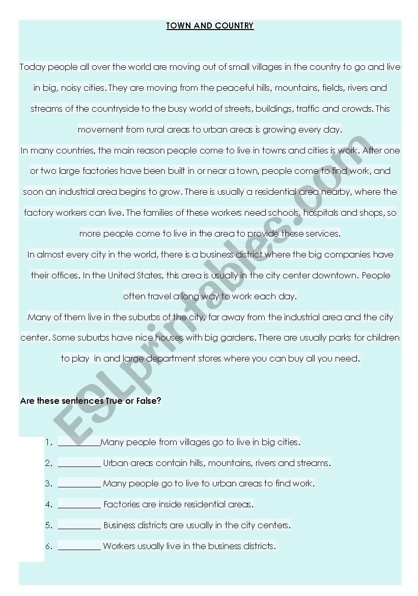 Town and Country worksheet