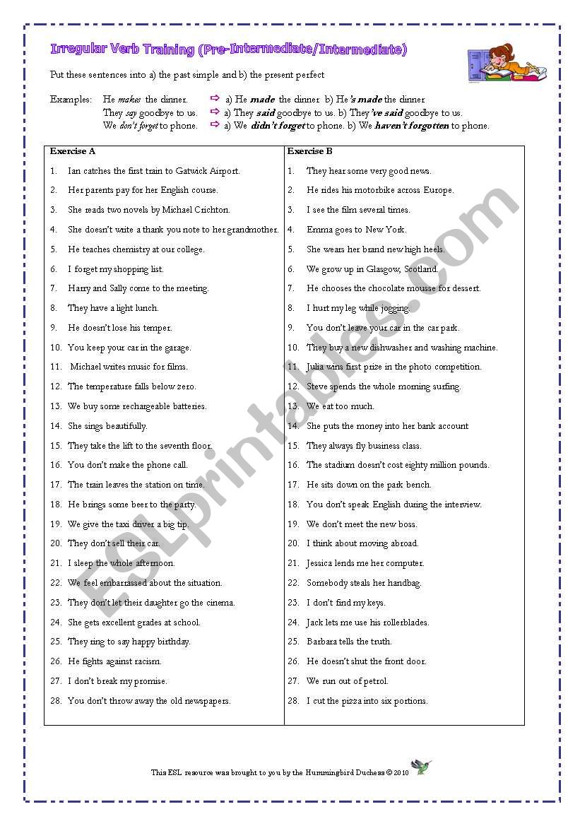 Irregular Verb Training  - Pre-Intermediate / Intermediate - Worksheet for Adult Learners