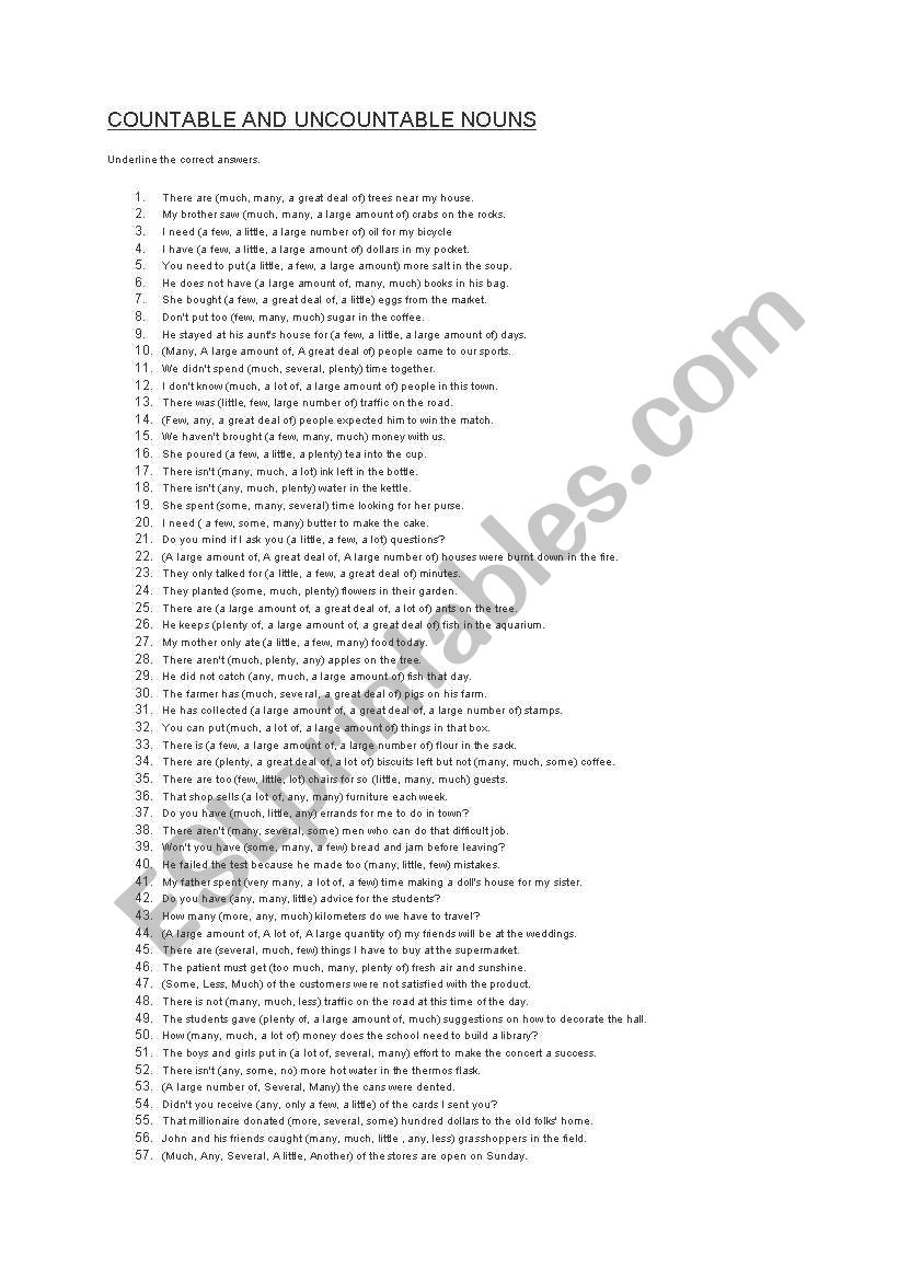 Countable and Uncountables worksheet