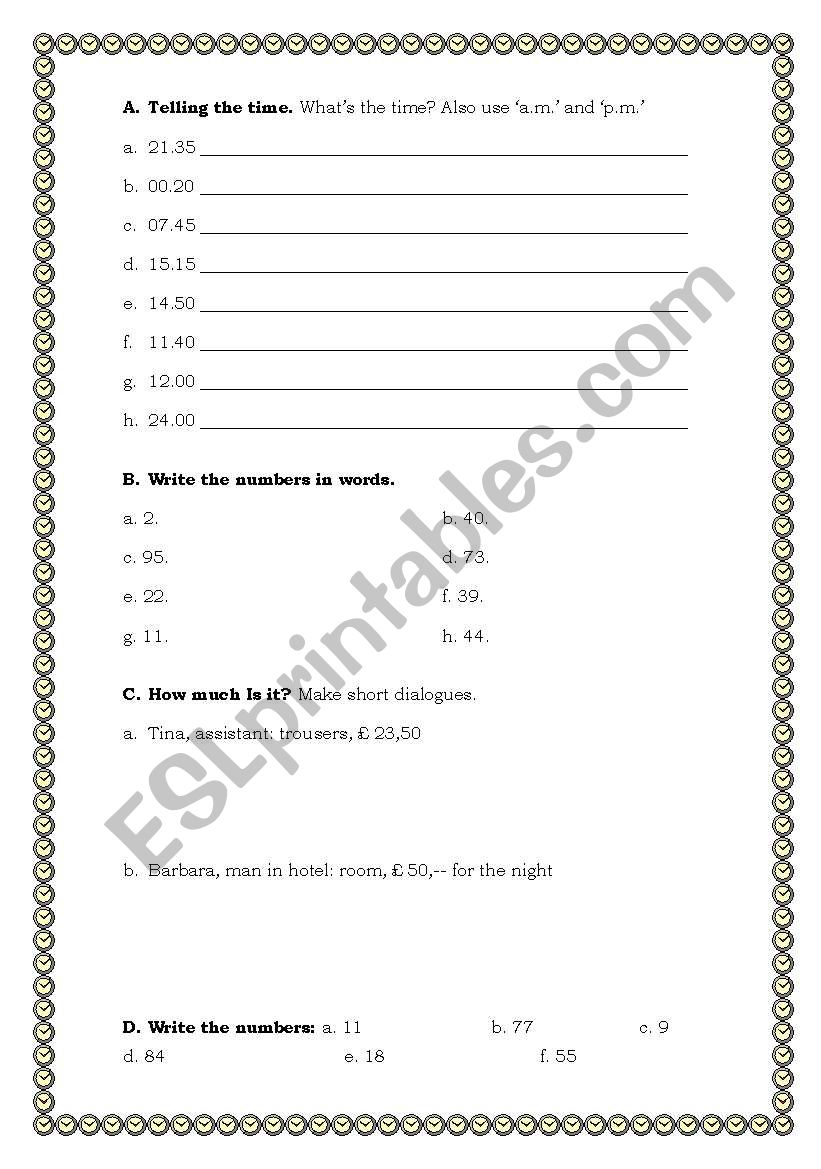 Numbers, Telling the time worksheet