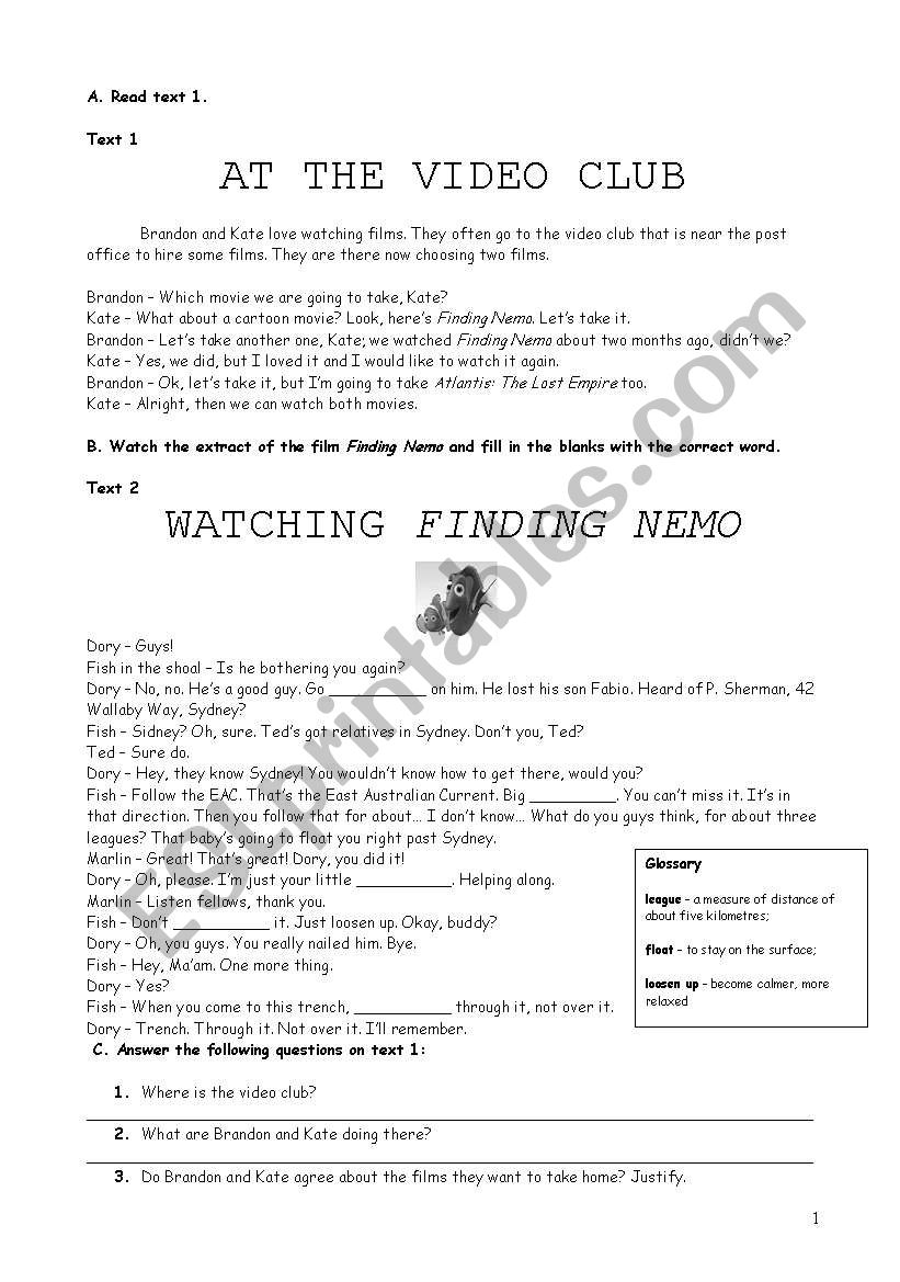 Finding Nemo worksheet