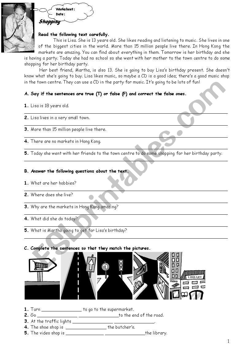 Shopping and Prepositions worksheet