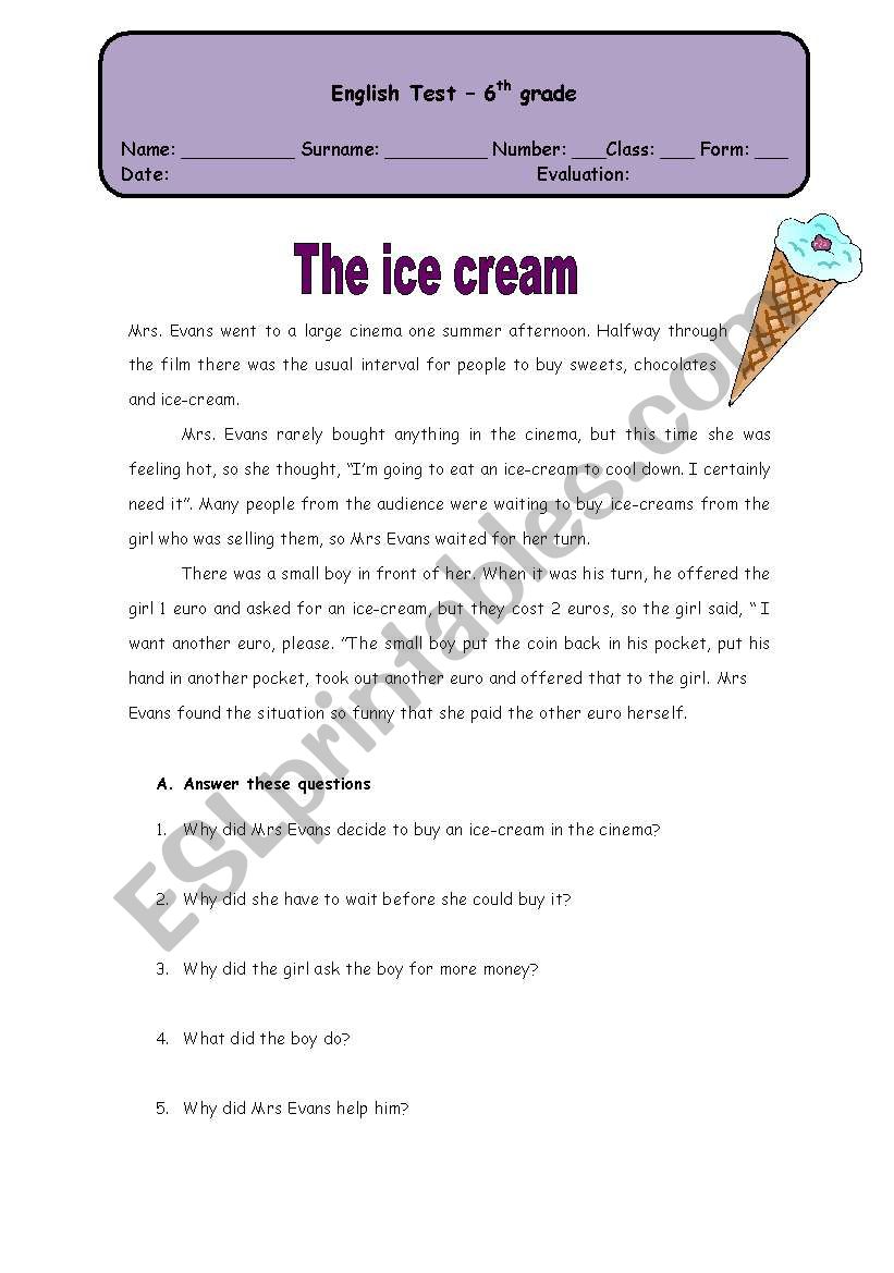 Test - The ice-cream worksheet