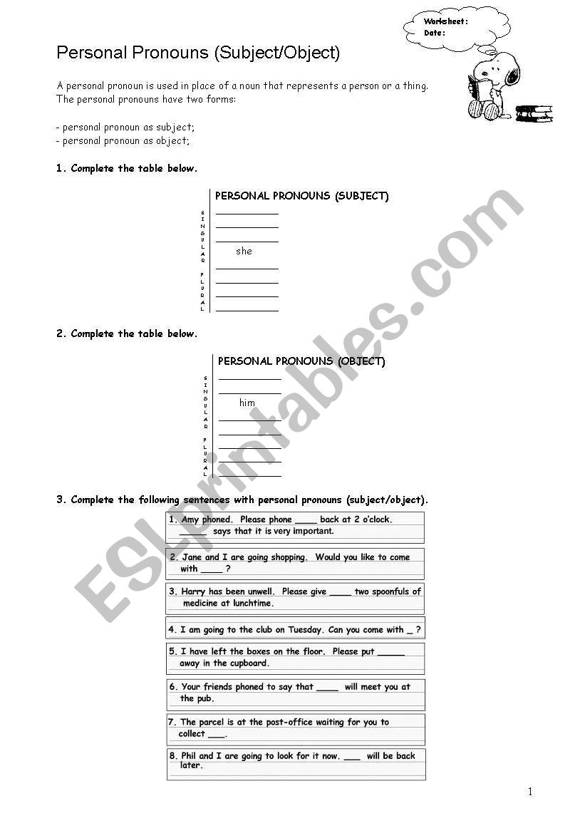 Personal Pronouns worksheet