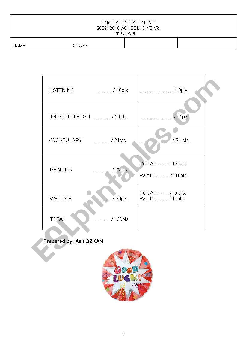 5th grade exam part 1 worksheet