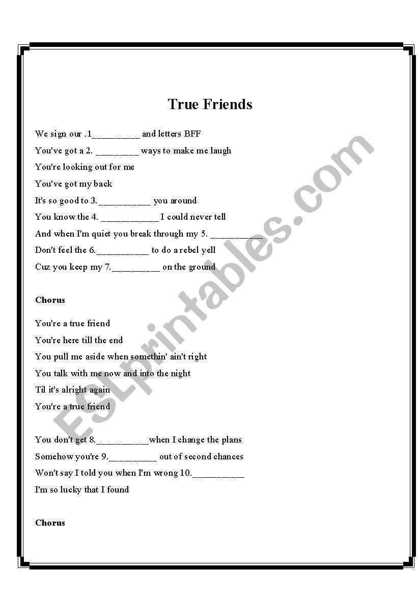 true friends - lyrics worksheet