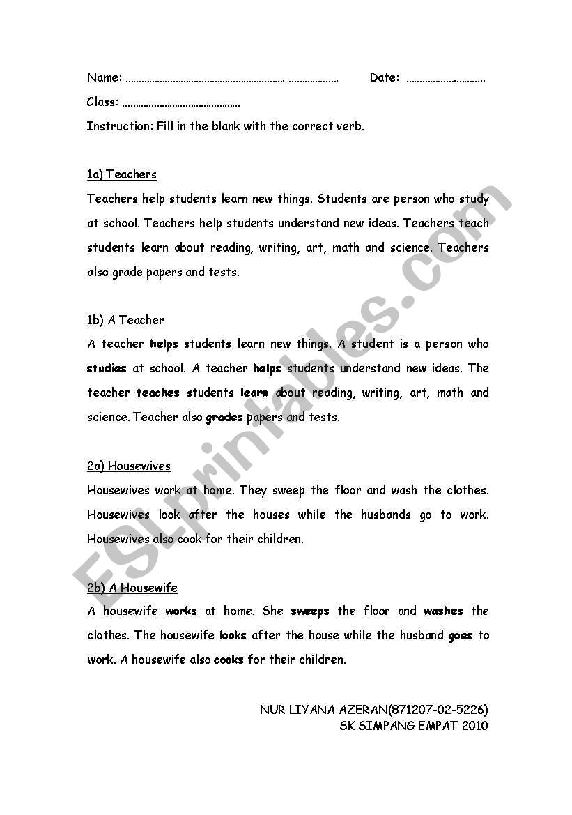 occupation worksheet worksheet