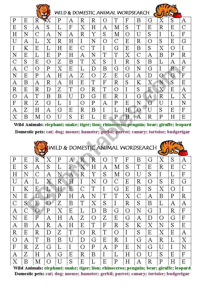 Wild and Domestic Animal wordsearch