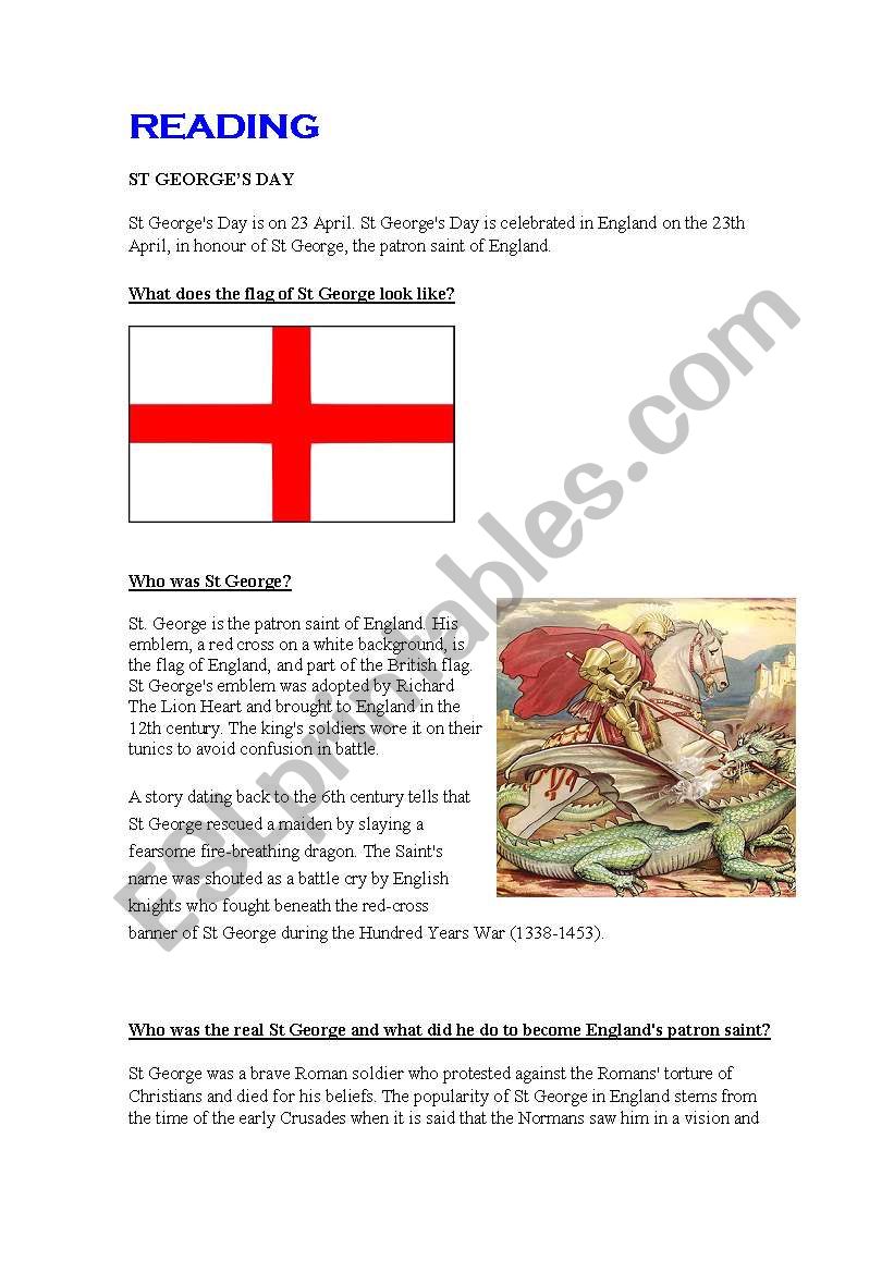 St Georges Day worksheet