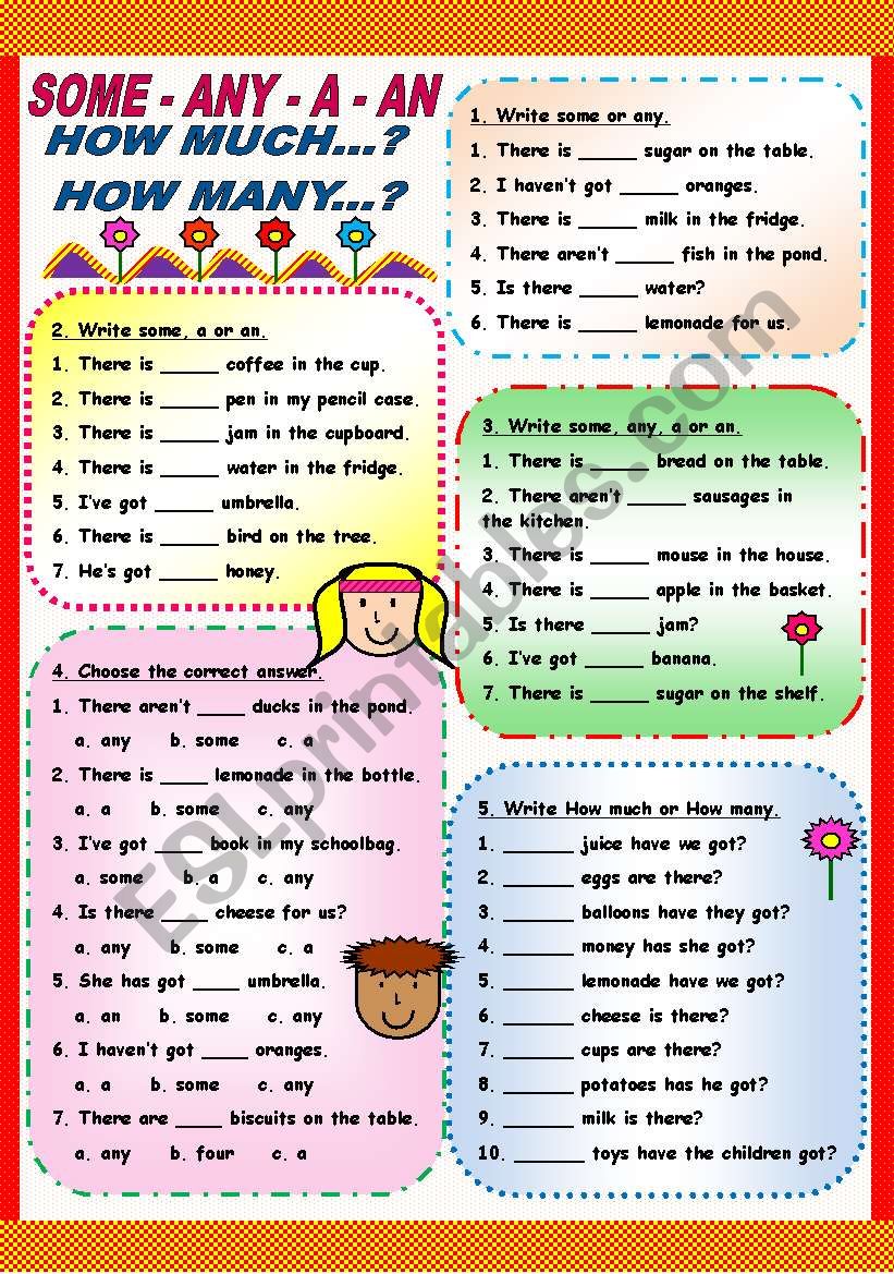 Food: how many?-how much?- some-any-a-an worksheet