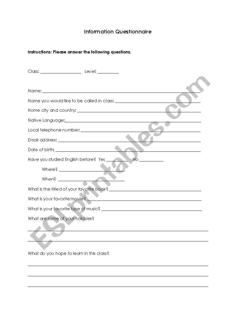 Information Questionnaire worksheet