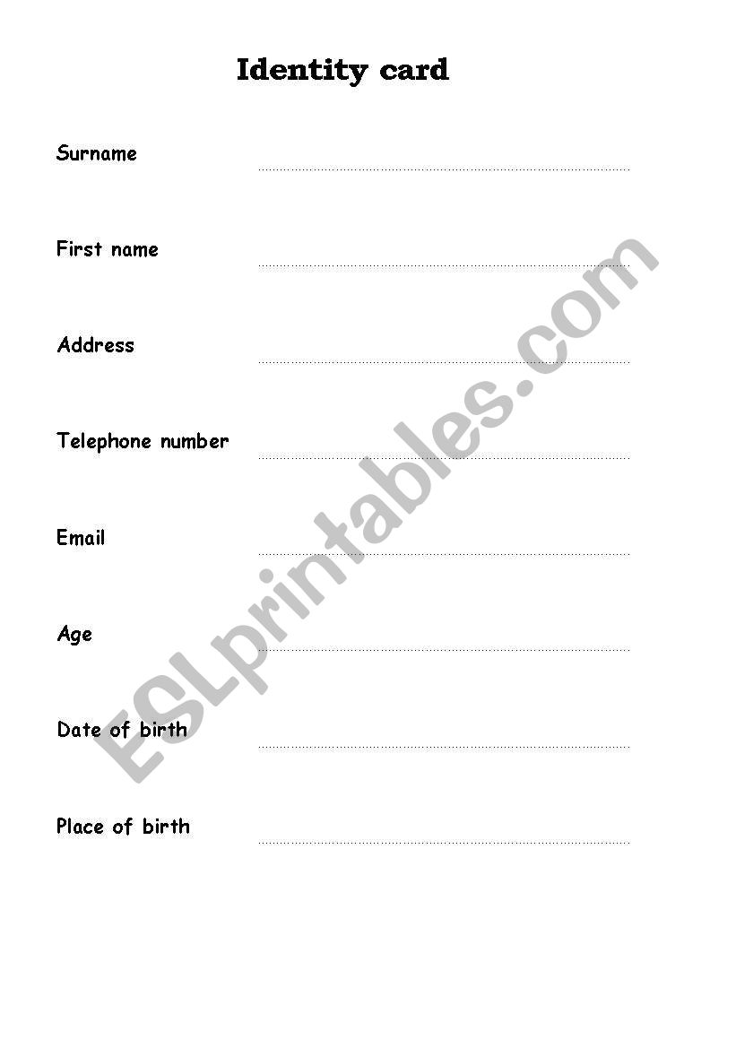 identity card worksheet