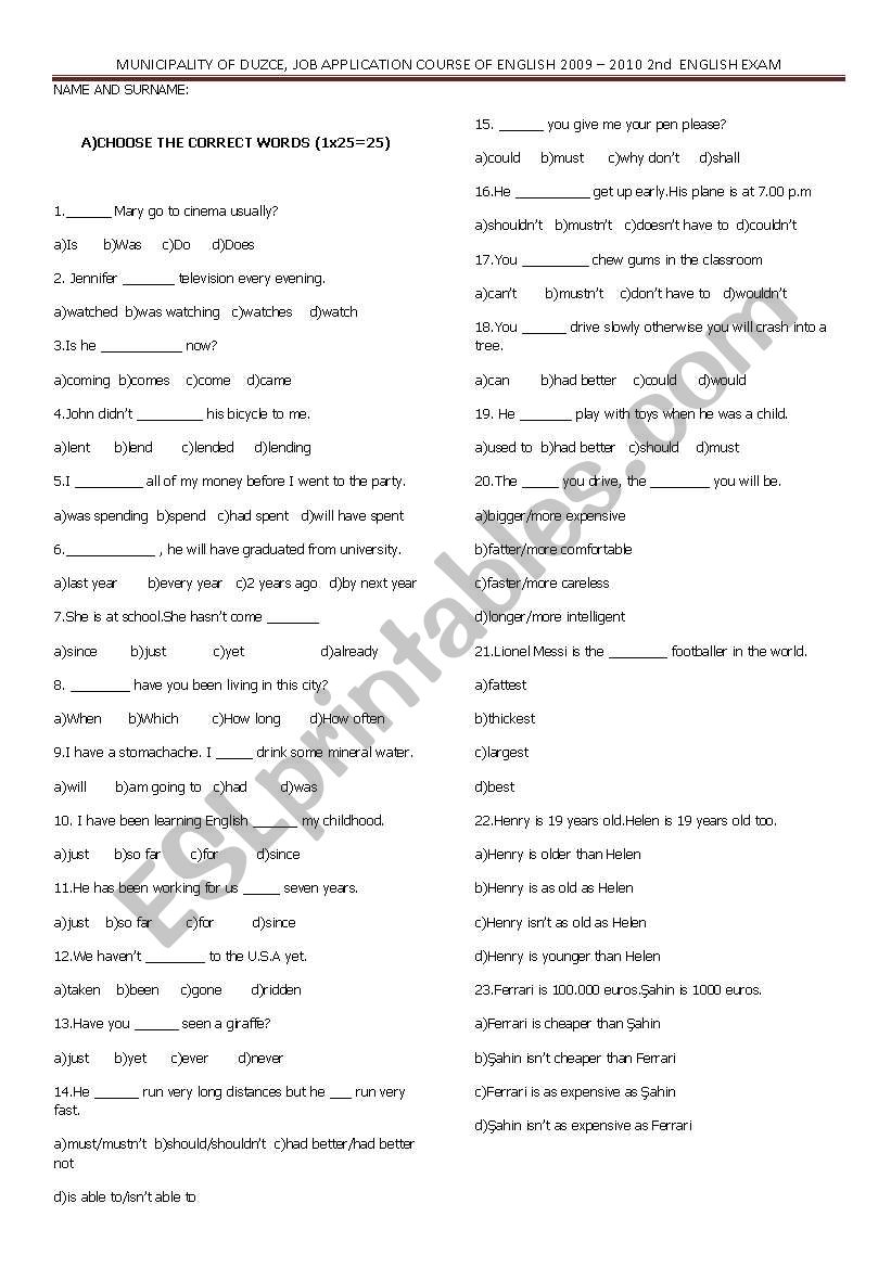 examination paper for esl learners