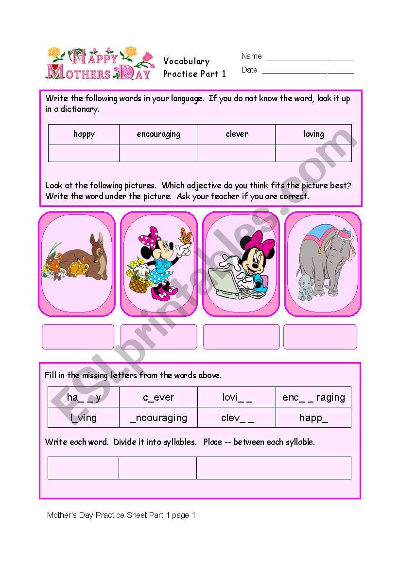 Mothers Day Vocabulary Practice Part 4/8 of unit.  With detailed key.