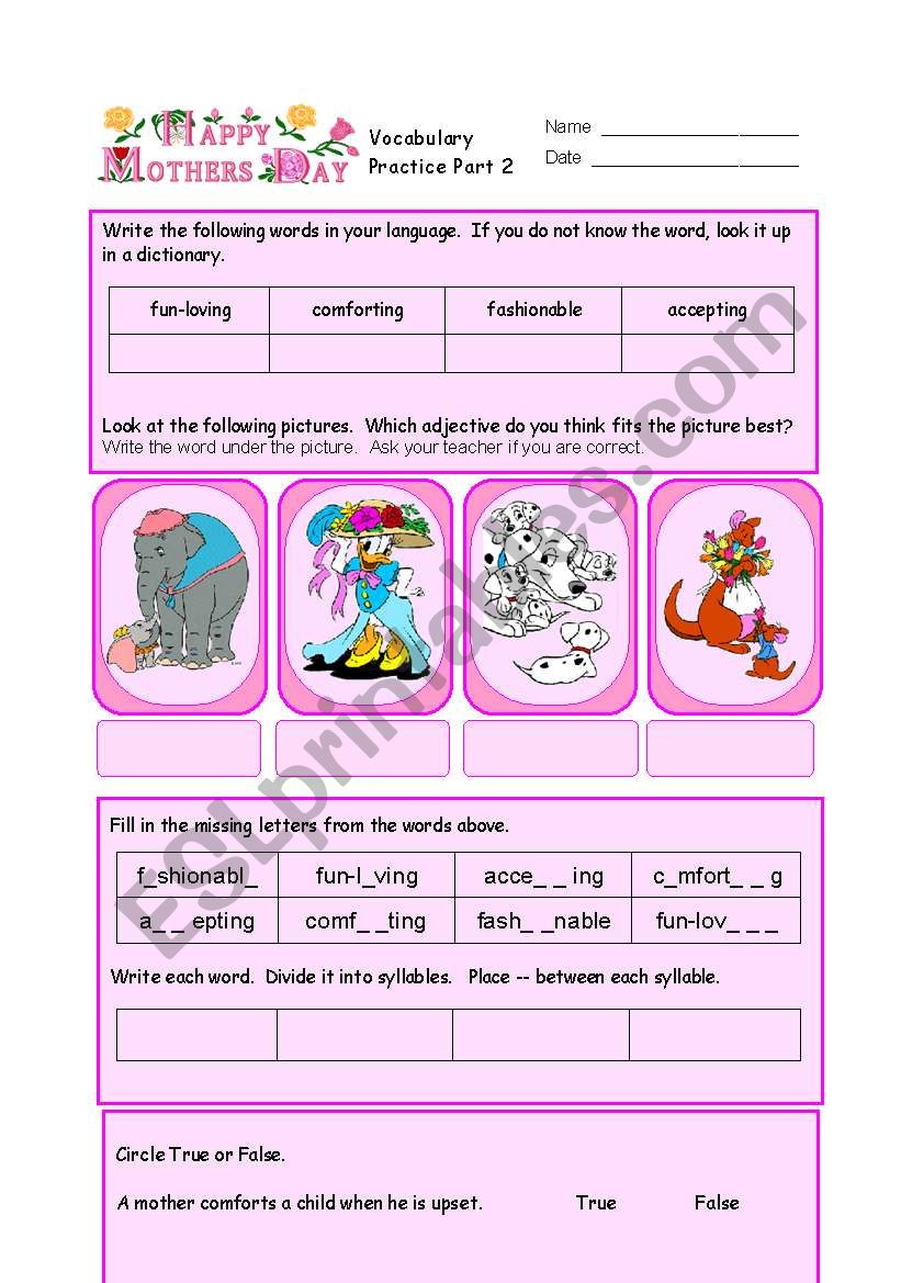 Mothers Day Vocabulary Practice Part 5/8 of unit.  With detailed key.