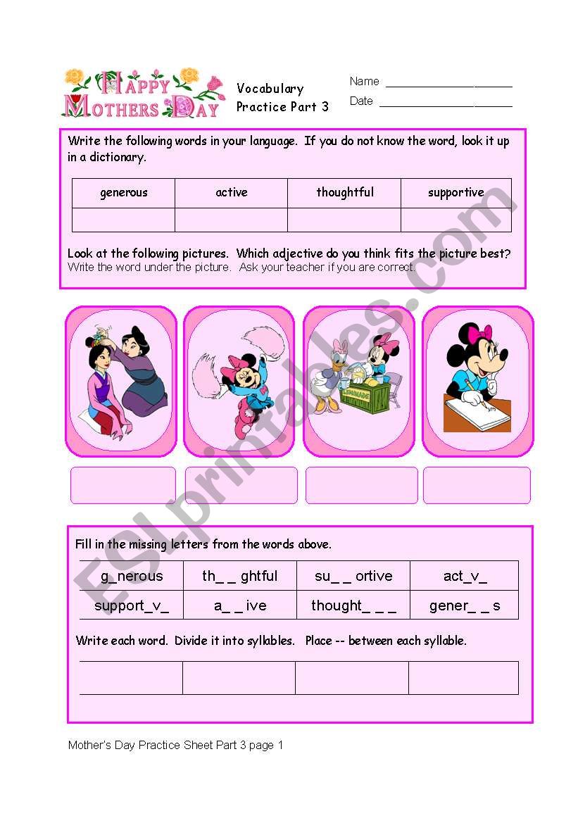 Mothers Day Vocabulary Practice Part 6/8 of unit.  With detailed key.