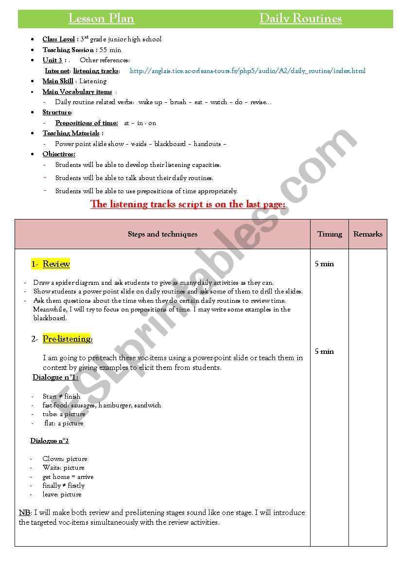 Edited Daily routines lesson Plan!! Students worksheet in the link below.