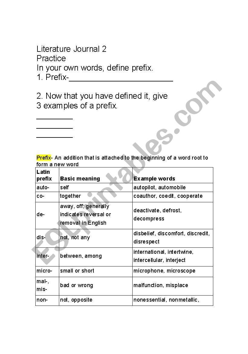 Prefixes worksheet