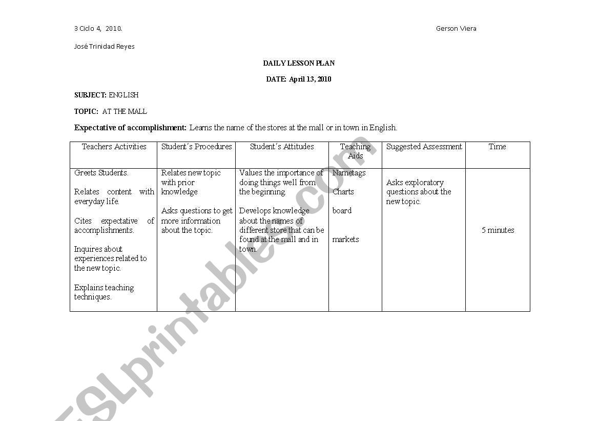 Daily Lesson plans worksheet