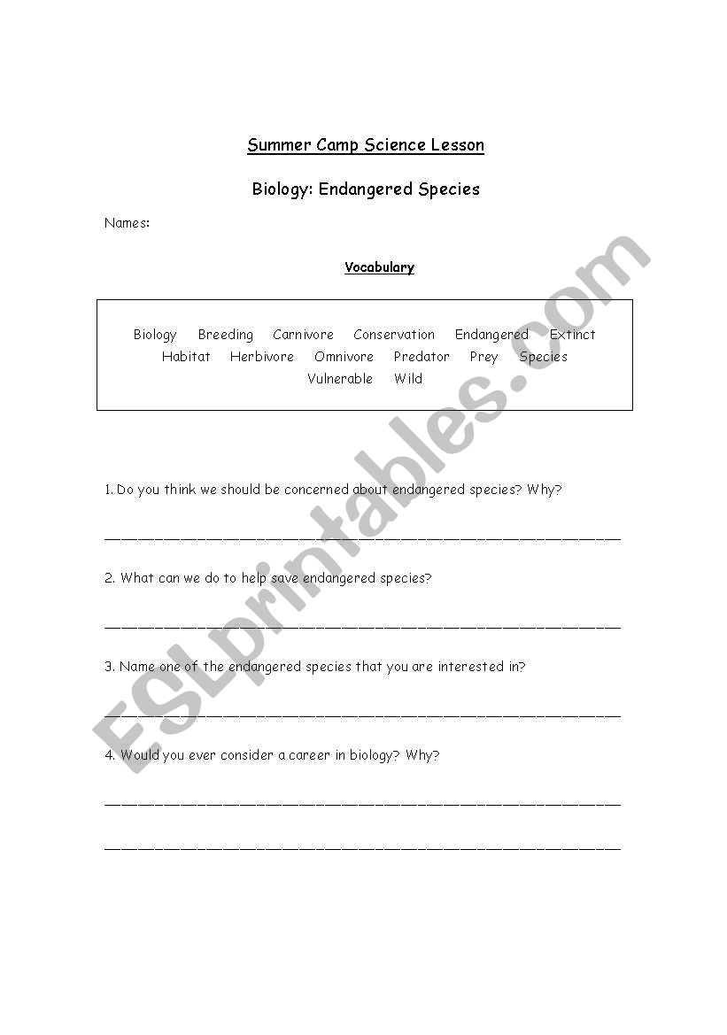 Animal Science Vocab Lesson worksheet