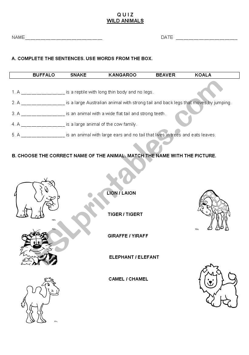 QUIZ WILD ANIMALS worksheet