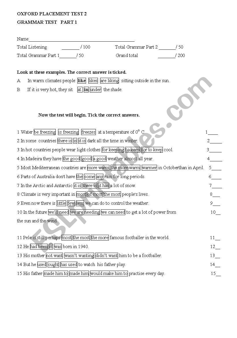 placement test worksheet