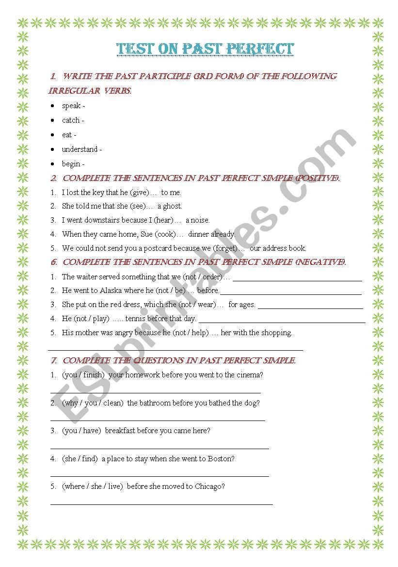 Test on Past Perfect worksheet