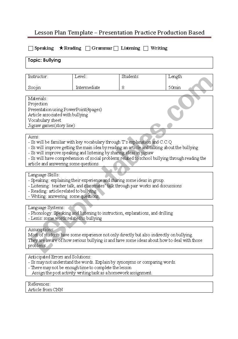 bullying reading lesson plan worksheet