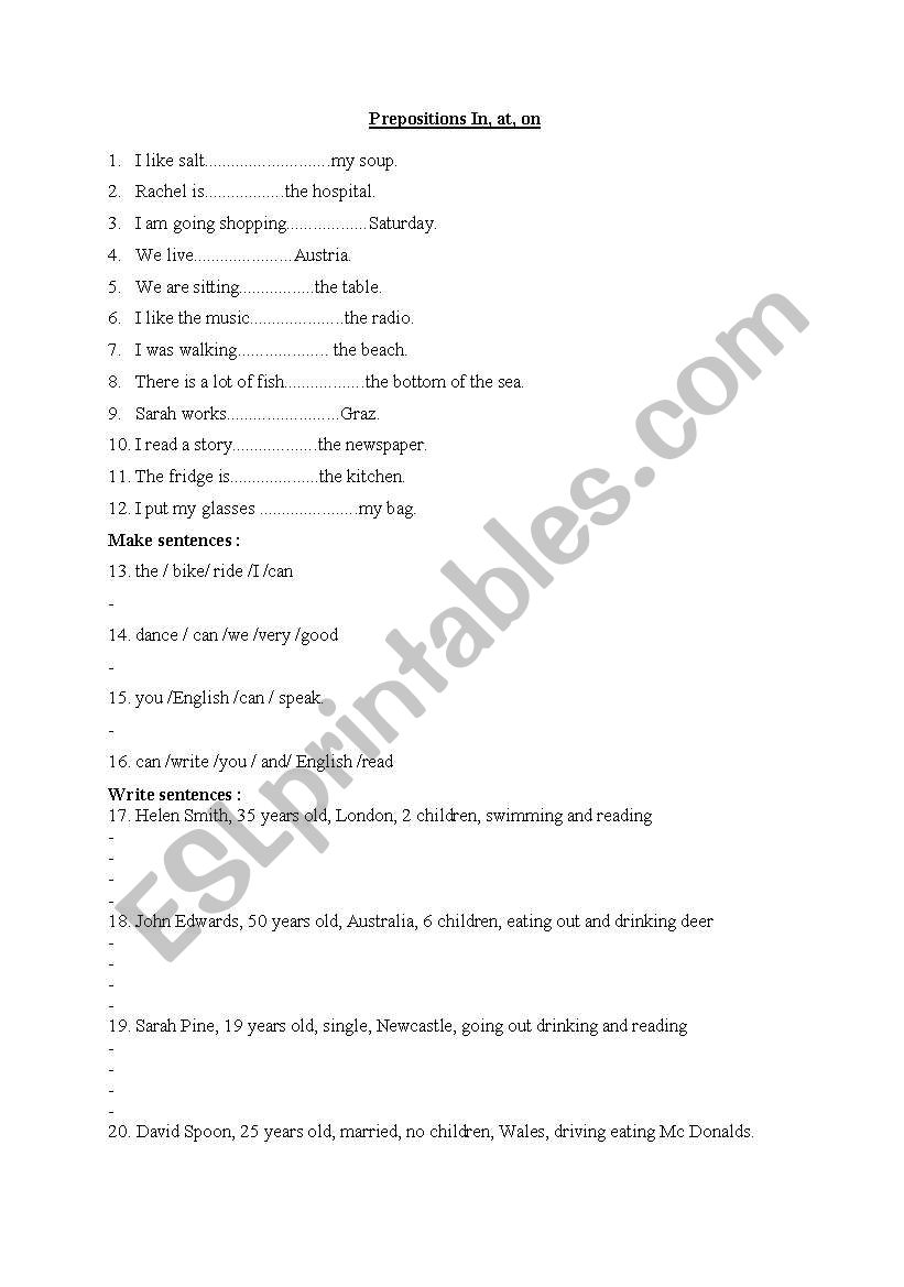In, At and On worksheet