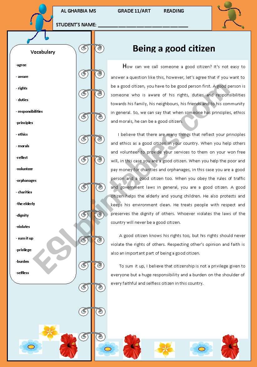 Citizenship and civic responsibilities. Reading comprehension. (UAE ADEC theme)