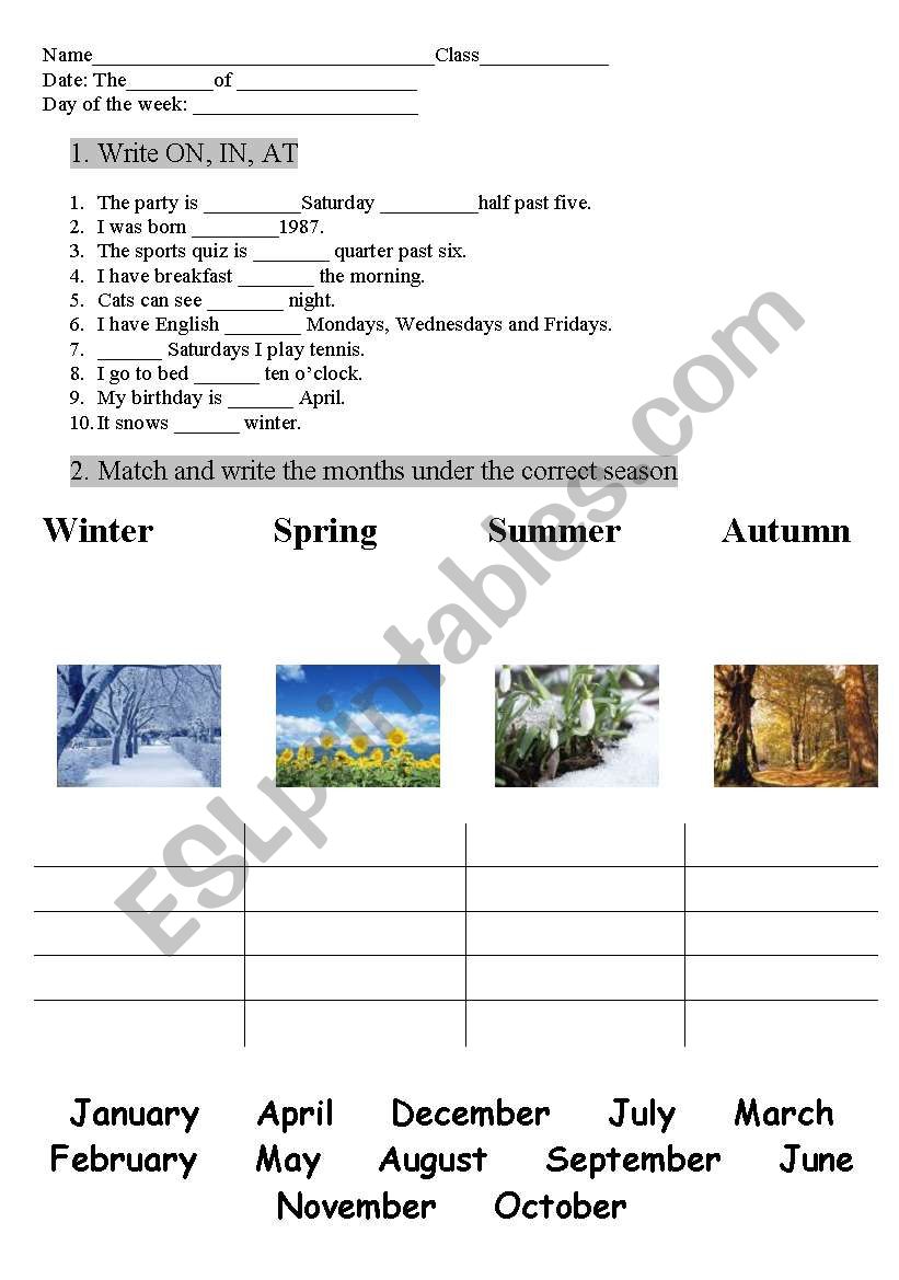 Seasons and months (+in, on, at) Seasons and months (+in, on, at)
