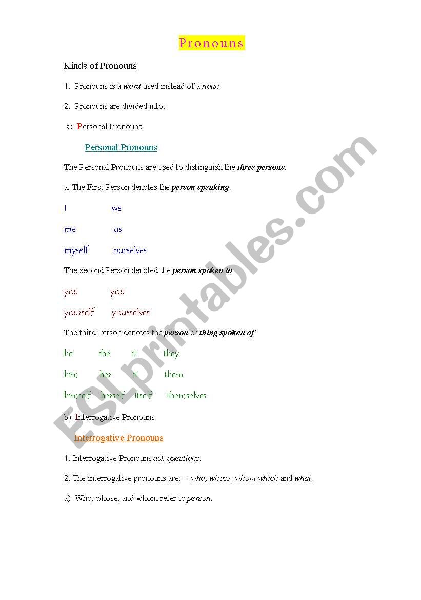 Pronouns worksheet