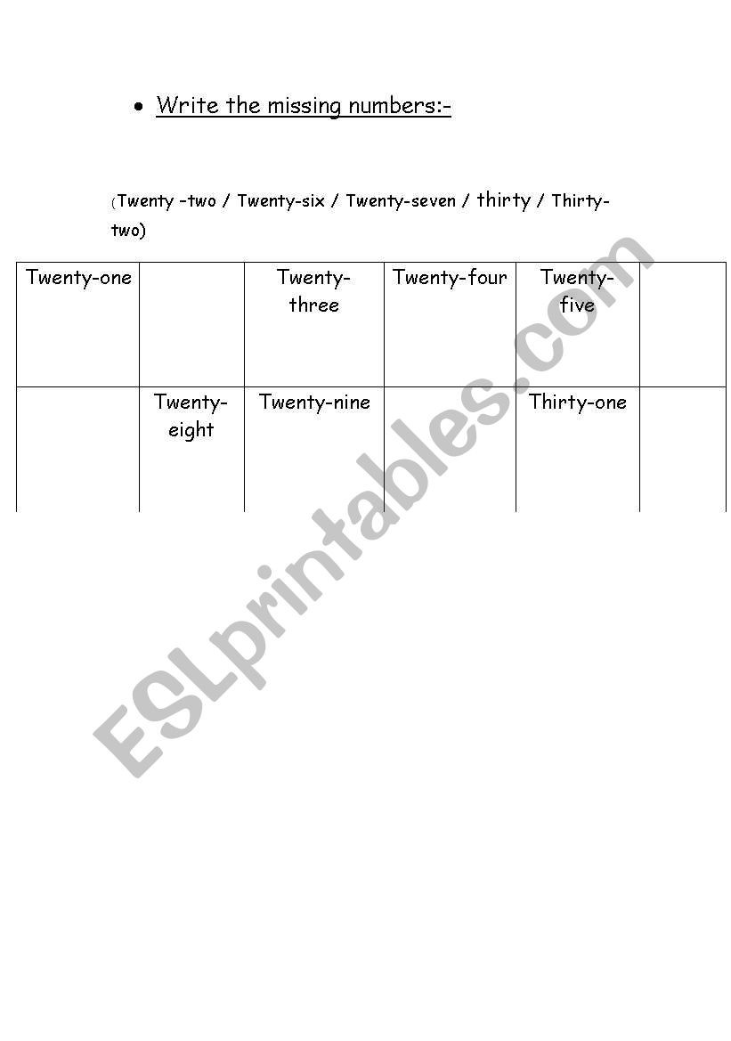 numbers worksheet