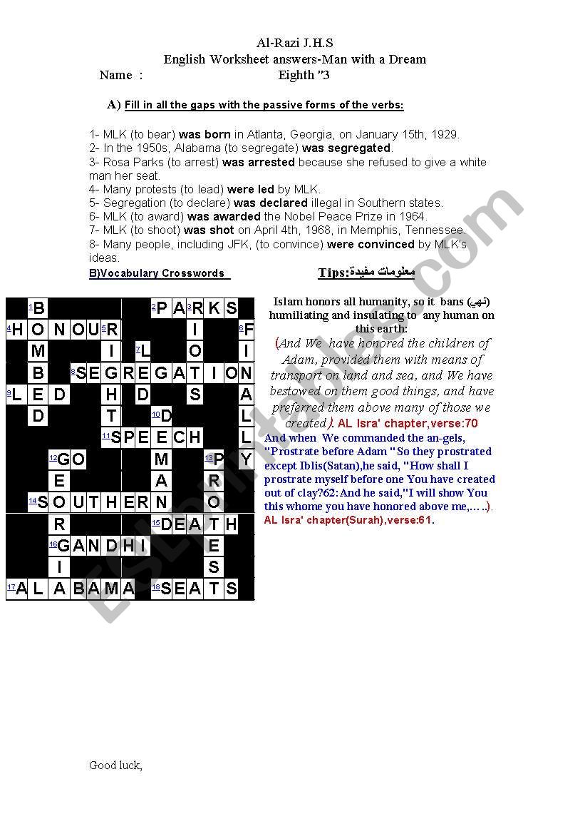 crosswords about Dr.Luther king and some related  Quranic verses talk about equality