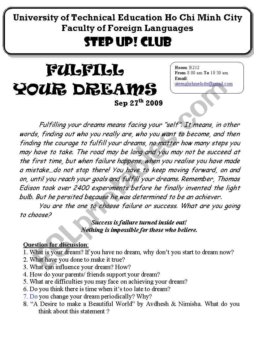 Fulfill your dreams worksheet