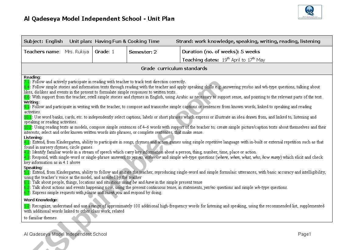 unit plan  worksheet