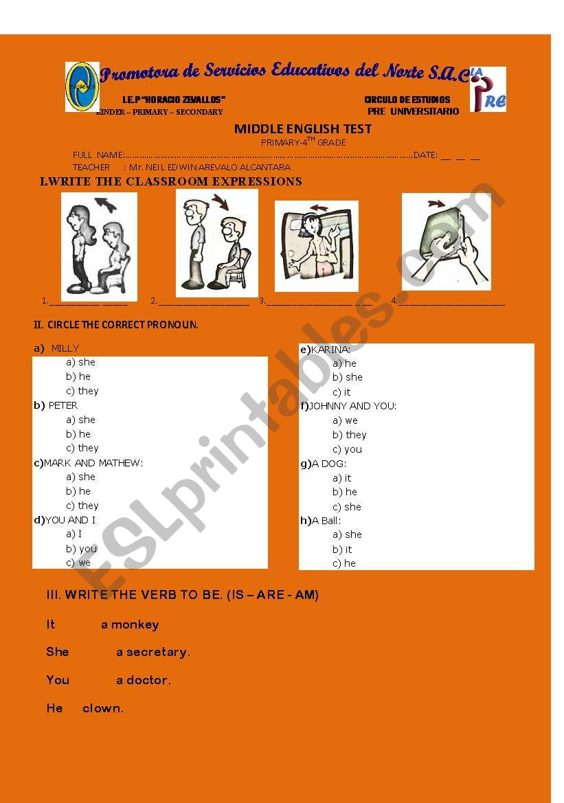 primary test worksheet