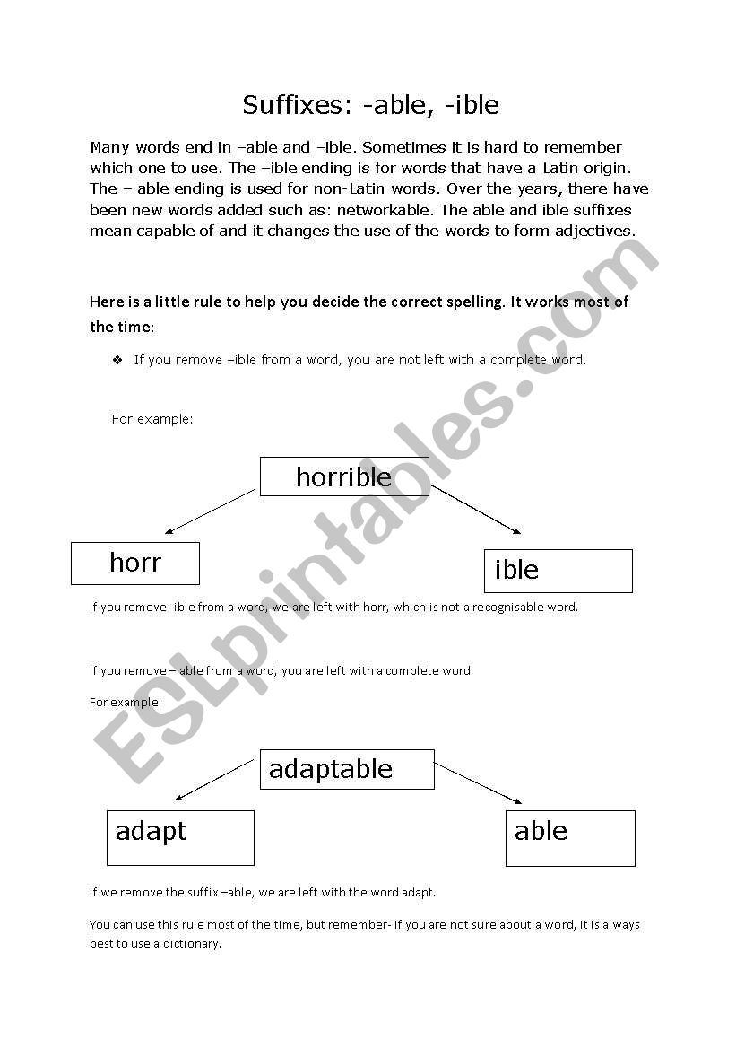 suffix iable and able worksheet