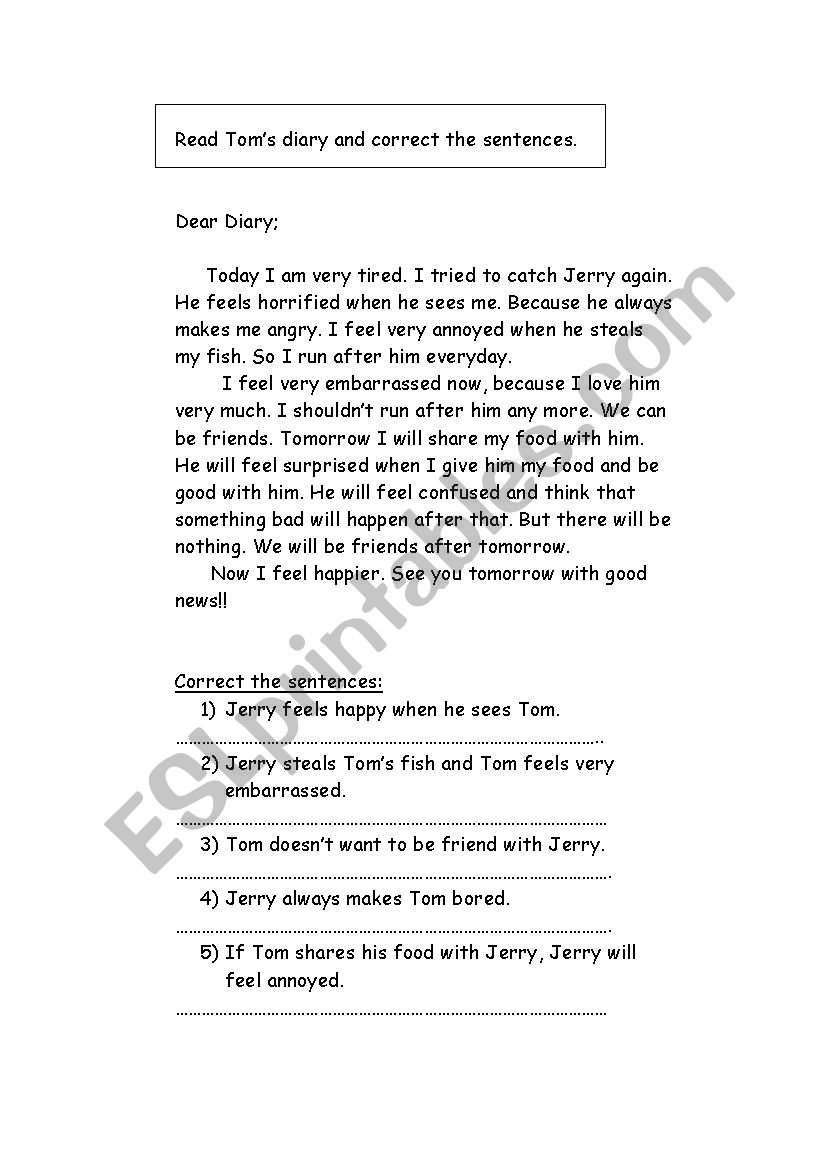 Feelings in Toms Diary worksheet