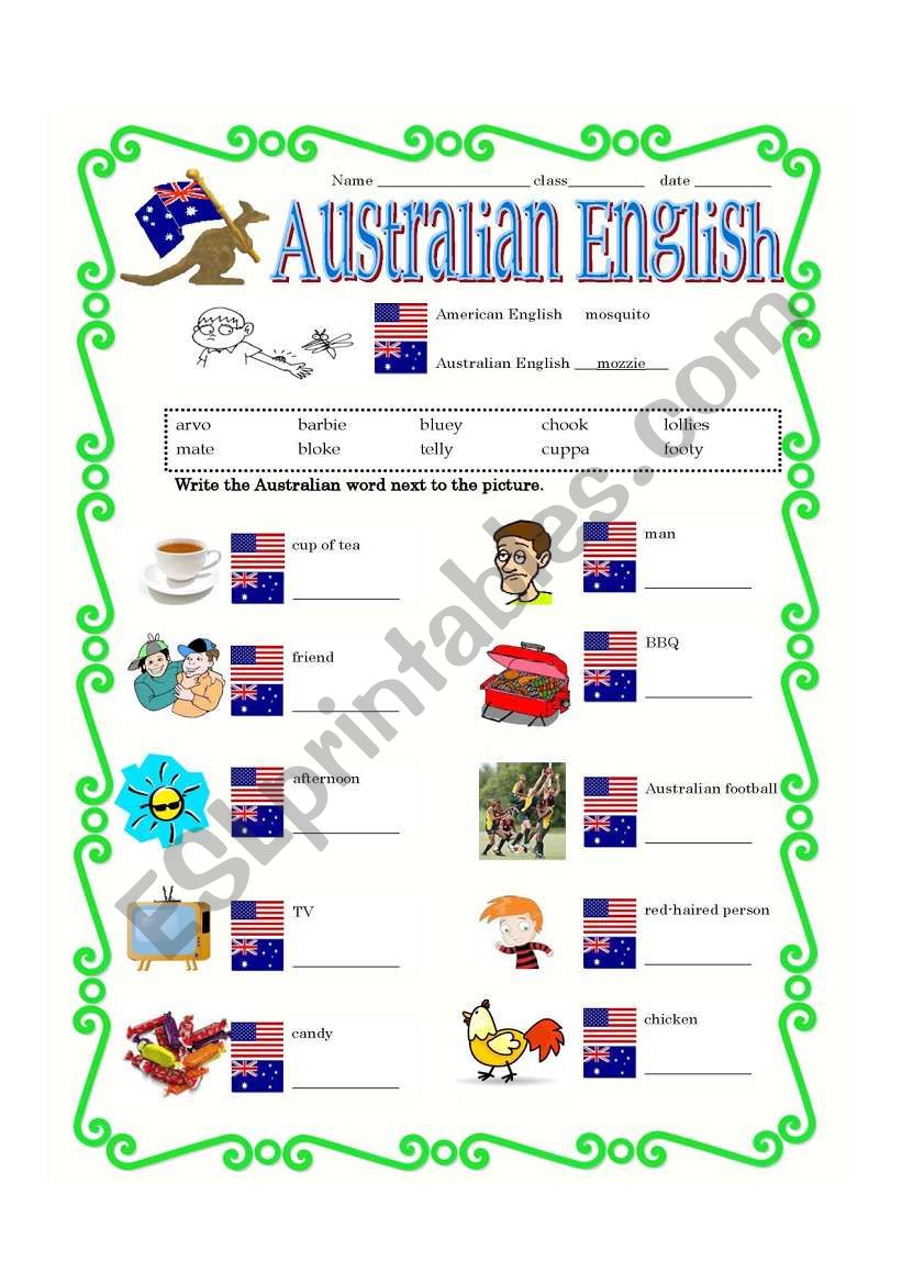 Australian English worksheet