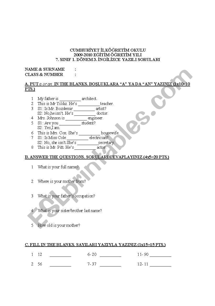 7th class exam worksheet