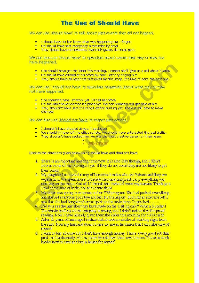 The Use of Should Have worksheet