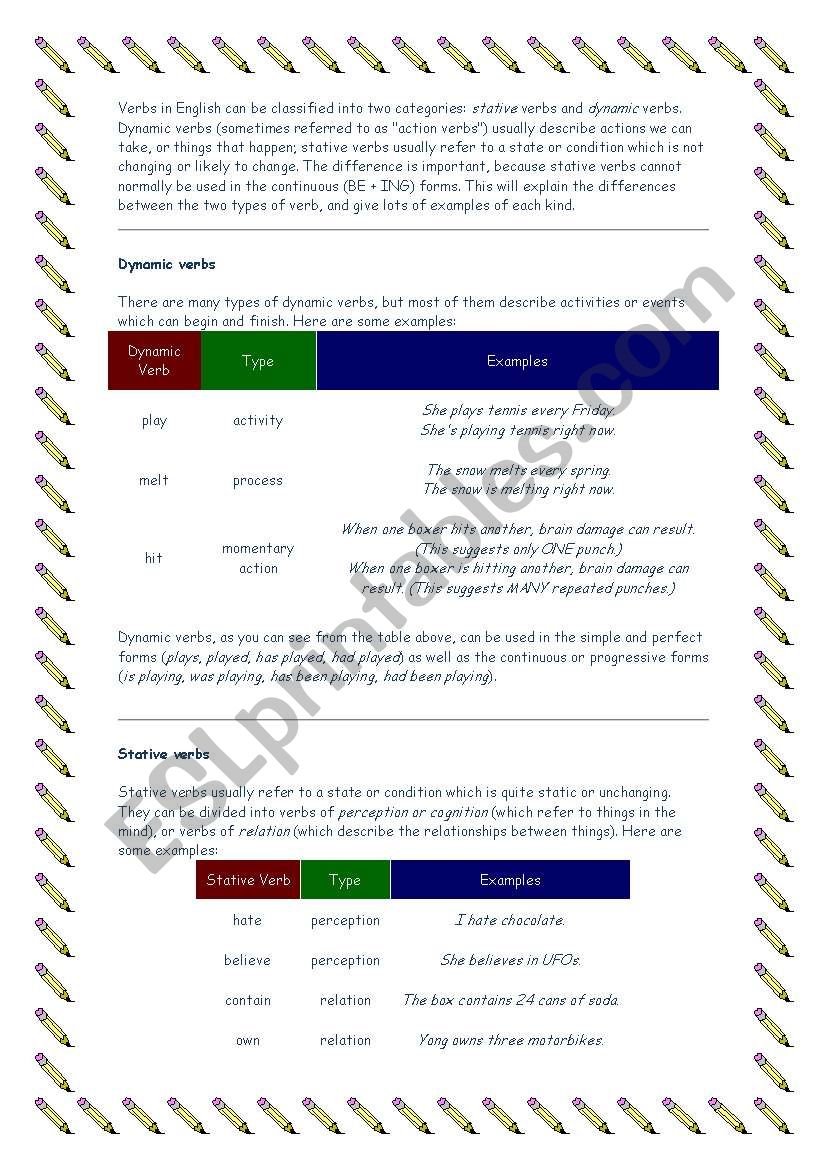 Action and non-action verbs worksheet