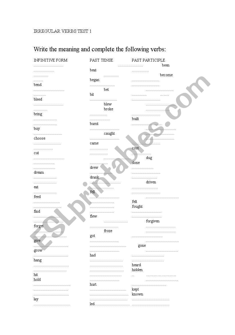 IRREGULAR VERBS TEST worksheet